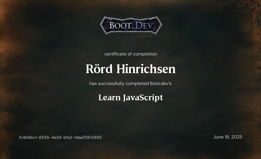 Rörd Hinrichsen's Boot.dev Learn JavaScript certificate