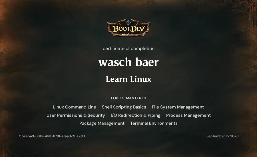 wasch baer's Boot.dev Learn Linux certificate