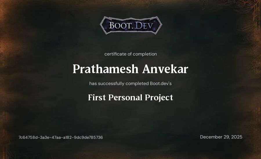 Prathamesh Anvekar's Boot.dev First Personal Project certificate