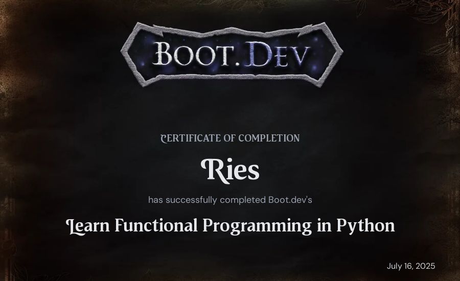 Ries's Boot.dev Learn Functional Programming in Python certificate