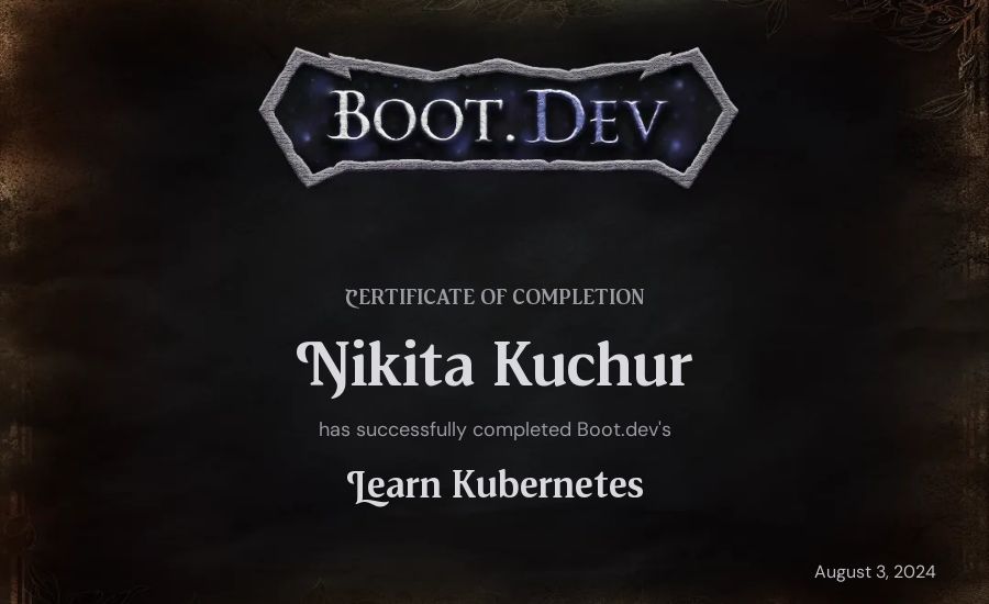Nikita Kuchur's Boot.dev Learn Kubernetes certificate
