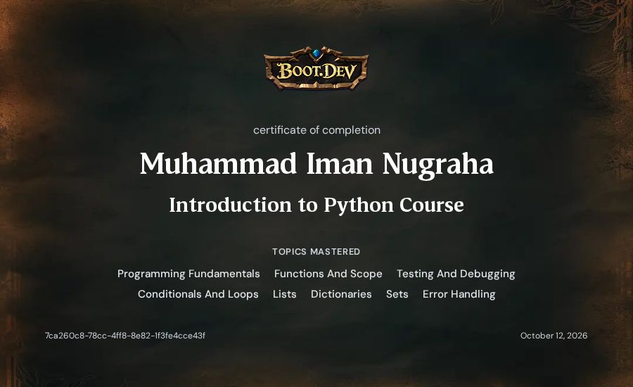 Muhammad Iman Nugraha's Boot.dev Introduction to Python Course certificate