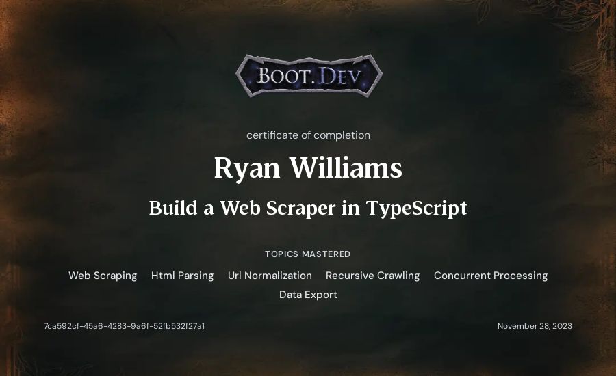 Ryan Williams's Boot.dev Build a Web Scraper in TypeScript certificate