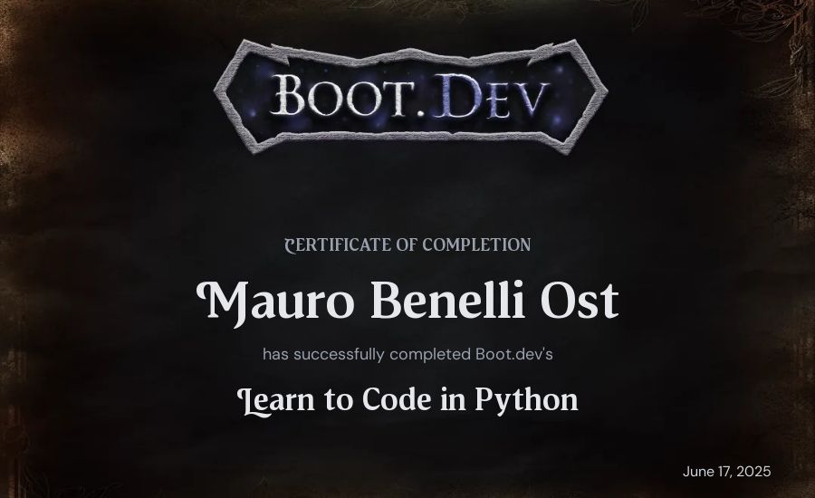 Mauro Benelli Ost's Boot.dev Introduction to Python Course certificate