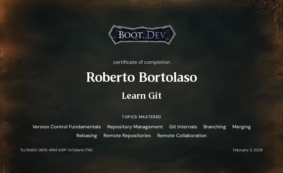 Roberto Bortolaso's Boot.dev Learn Git certificate
