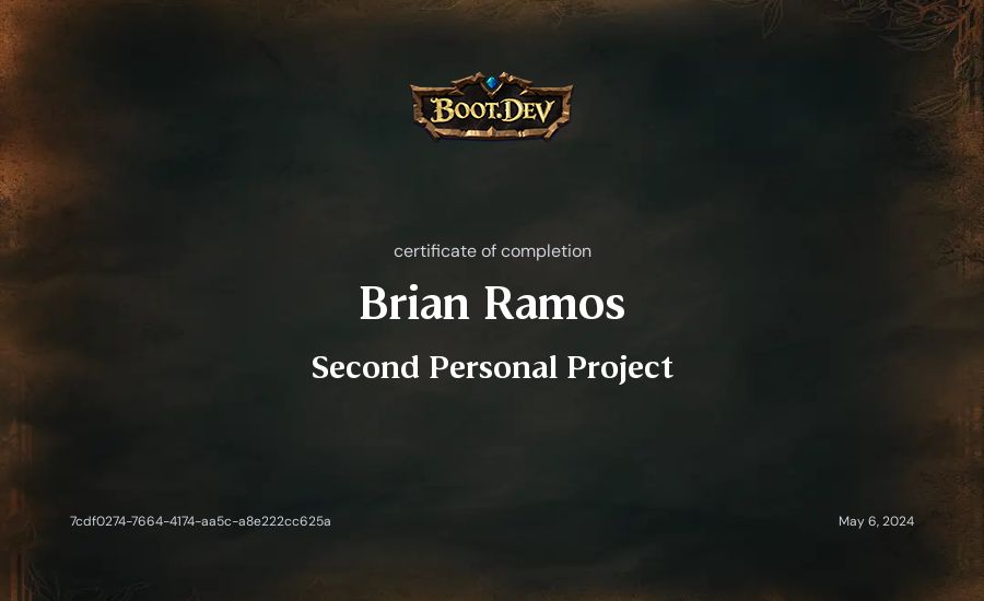 Brian Ramos's Boot.dev Second Personal Project certificate