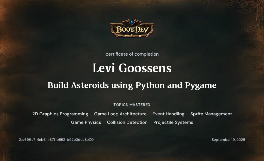 Levi Goossens's Boot.dev Build Asteroids using Python and Pygame certificate