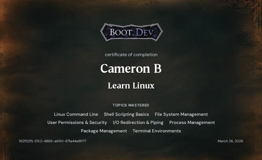 Cameron B's Boot.dev Learn Linux certificate