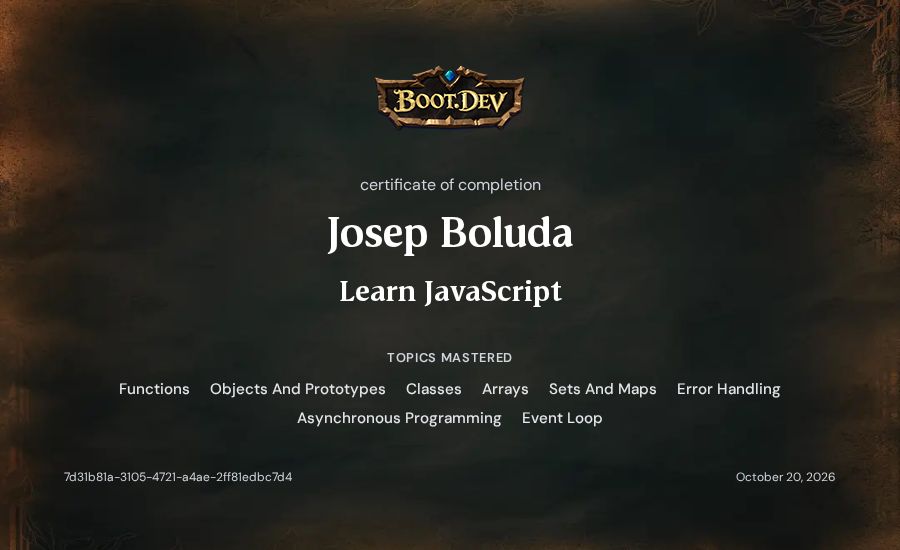 Josep Boluda's Boot.dev Learn JavaScript certificate