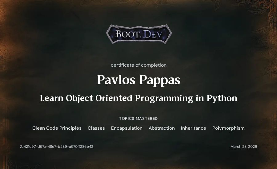 Pavlos Pappas's Boot.dev Learn Object Oriented Programming in Python certificate