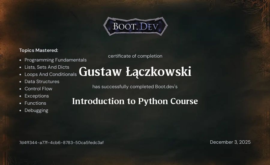 Gustaw Łączkowski's Boot.dev Introduction to Python Course certificate