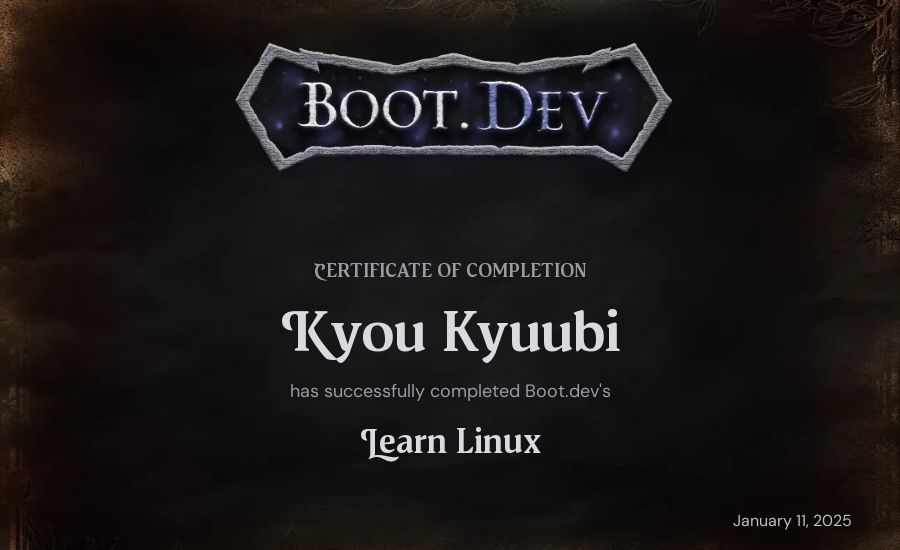 Kyou Kyuubi's Boot.dev Learn Linux certificate