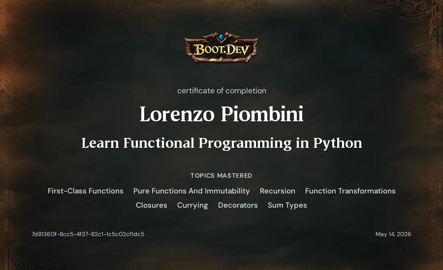 Lorenzo Piombini's Boot.dev Learn Functional Programming in Python certificate