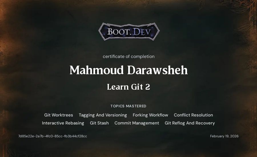 Mahmoud Darawsheh's Boot.dev Learn Git 2 certificate