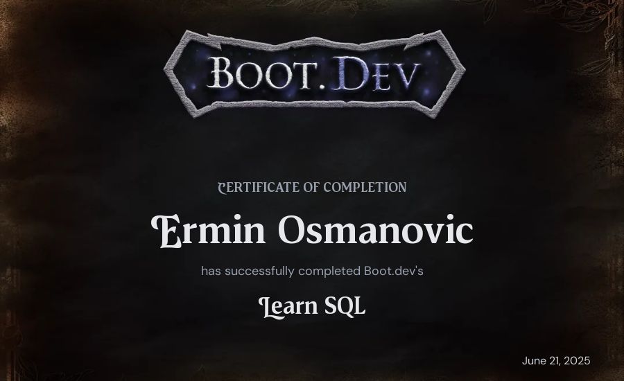 Ermin Osmanovic's Boot.dev Learn SQL certificate