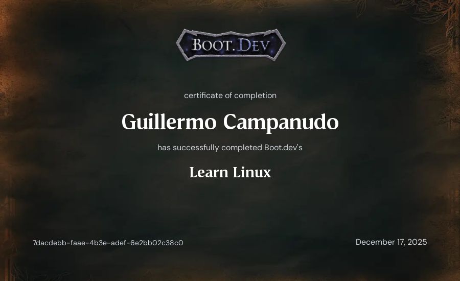 Guillermo Campanudo's Boot.dev Learn Linux certificate