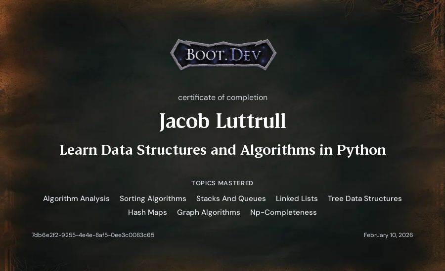 Jacob Luttrull's Boot.dev Learn Data Structures and Algorithms in Python certificate