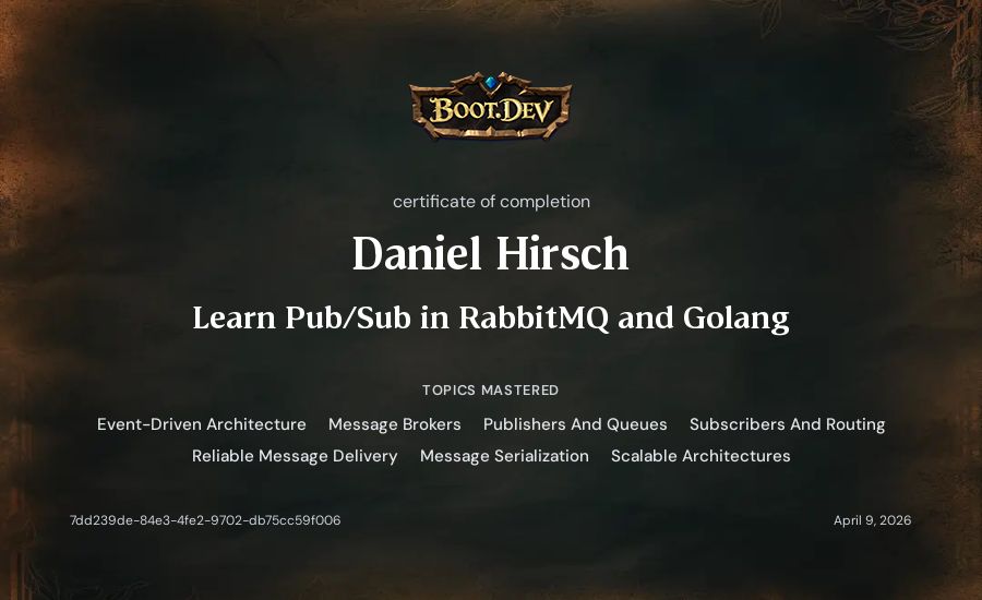 Daniel Hirsch's Boot.dev Learn Pub/Sub in RabbitMQ and Go certificate