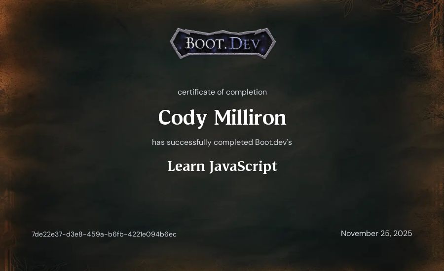 Cody Milliron's Boot.dev Learn JavaScript certificate
