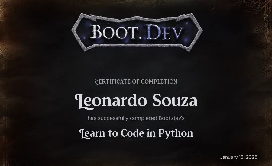 Leonardo Souza's Boot.dev Introduction to Python Course certificate