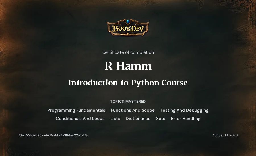 R Hamm's Boot.dev Introduction to Python Course certificate