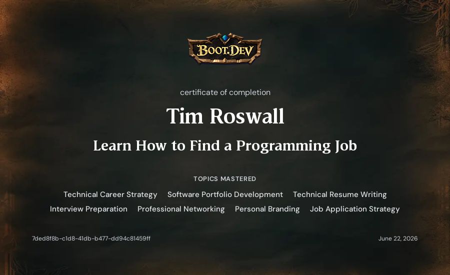 Tim Roswall's Boot.dev Learn How to Find a Programming Job certificate
