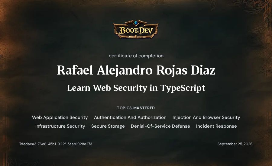 Rafael Alejandro Rojas Diaz's Boot.dev Learn Web Security in TypeScript certificate