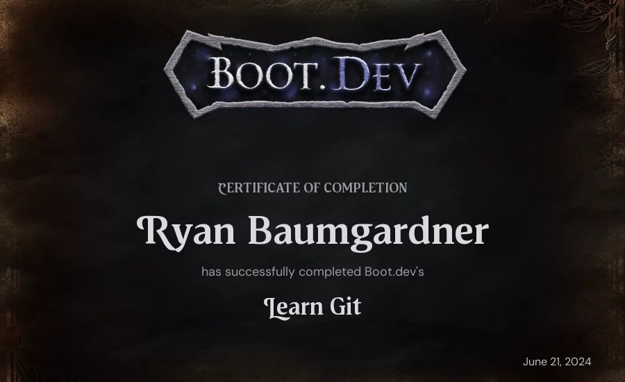 Ryan Baumgardner's Boot.dev Learn Git certificate