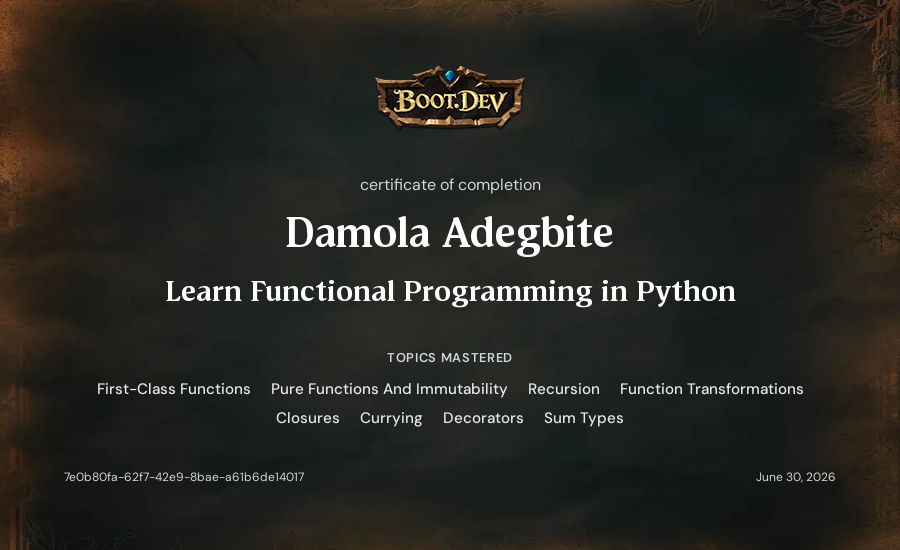 Damola Adegbite's Boot.dev Learn Functional Programming in Python certificate