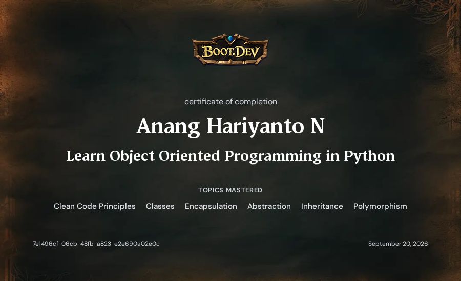 Anang Hariyanto N's Boot.dev Learn Object Oriented Programming in Python certificate