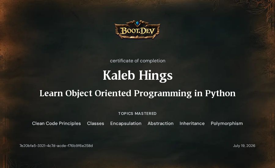 Kaleb Hings's Boot.dev Learn Object Oriented Programming in Python certificate