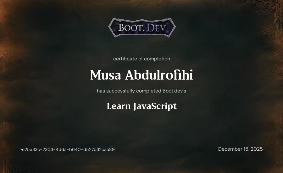 Musa Abdulrofihi's Boot.dev Learn JavaScript certificate