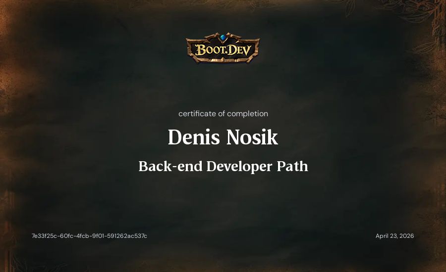 Denis Nosik's Boot.dev Backend Developer Path certificate