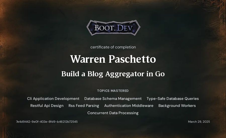 Warren Paschetto's Boot.dev Build a Blog Aggregator in Go certificate