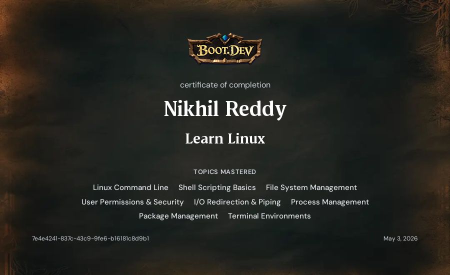 Nikhil Reddy's Boot.dev Learn Linux certificate