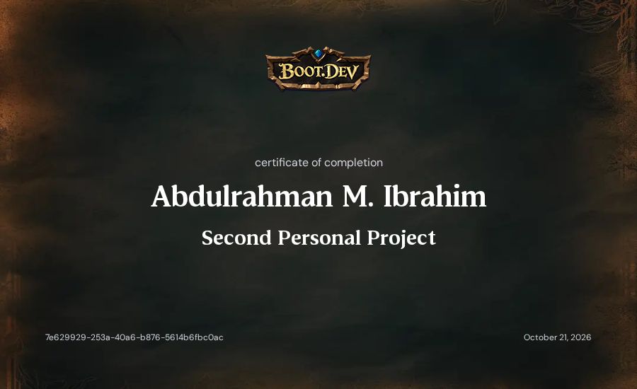 Abdulrahman M. Ibrahim's Boot.dev Second Personal Project certificate