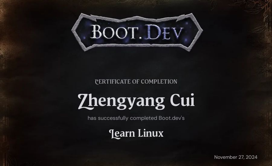 Zhengyang Cui's Boot.dev Learn Linux certificate