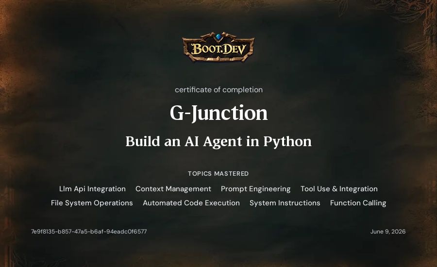 G-Junction's Boot.dev Build an AI Agent in Python certificate