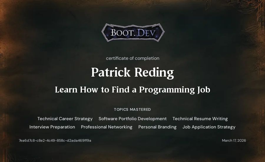 Patrick Reding's Boot.dev Learn How to Find a Programming Job certificate
