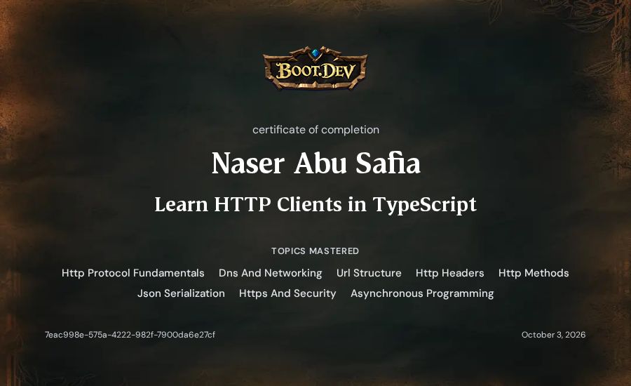 Naser Abu Safia's Boot.dev Learn HTTP Clients in TypeScript certificate