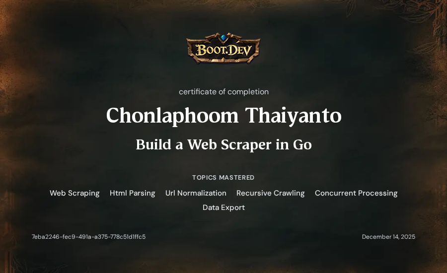 Chonlaphoom Thaiyanto's Boot.dev Build a Web Scraper in Go certificate
