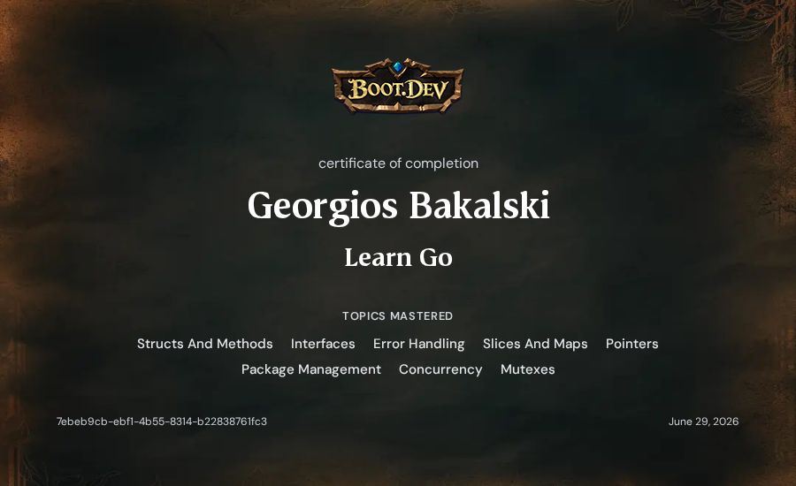 Georgios Bakalski's Boot.dev Learn Go certificate