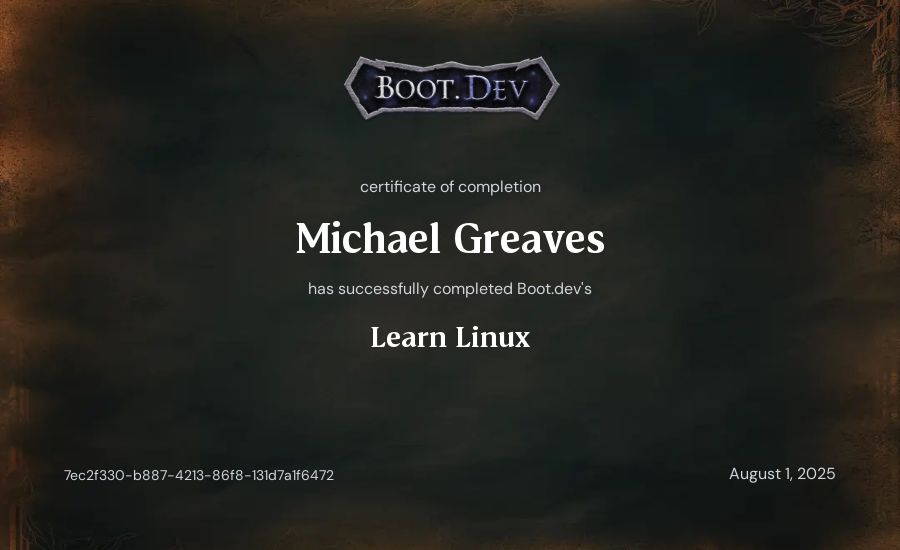 Michael Greaves's Boot.dev Learn Linux certificate