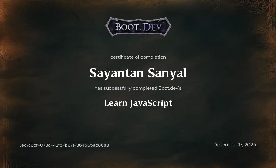 Sayantan Sanyal's Boot.dev Learn JavaScript certificate