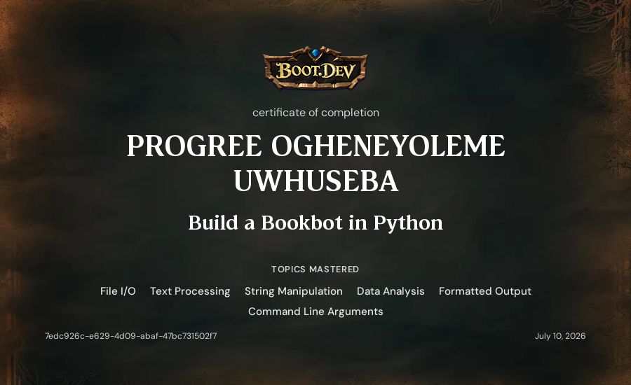 PROGREE OGHENEYOLEME UWHUSEBA's Boot.dev Build a BookBot in Python certificate