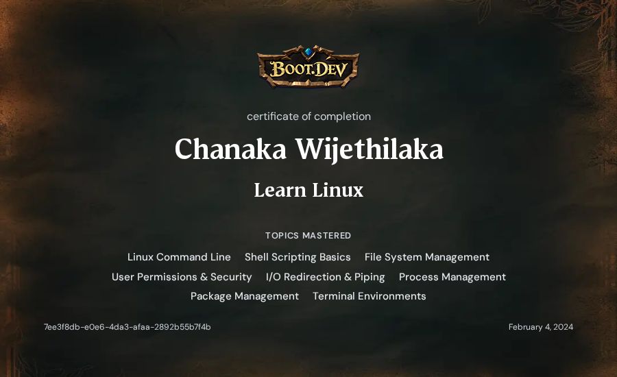 Chanaka Wijethilaka's Boot.dev Learn Linux certificate
