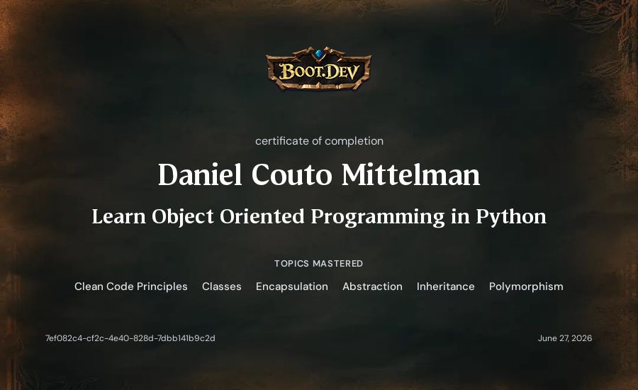 Daniel Couto Mittelman's Boot.dev Learn Object Oriented Programming in Python certificate