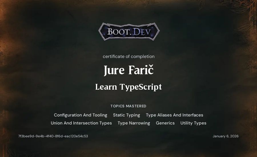 Jure Farič's Boot.dev Learn TypeScript certificate