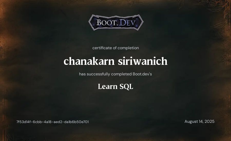 chanakarn siriwanich's Boot.dev Learn SQL certificate