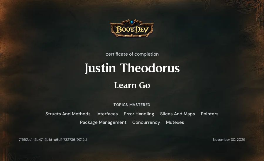 Justin Theodorus's Boot.dev Learn Go certificate